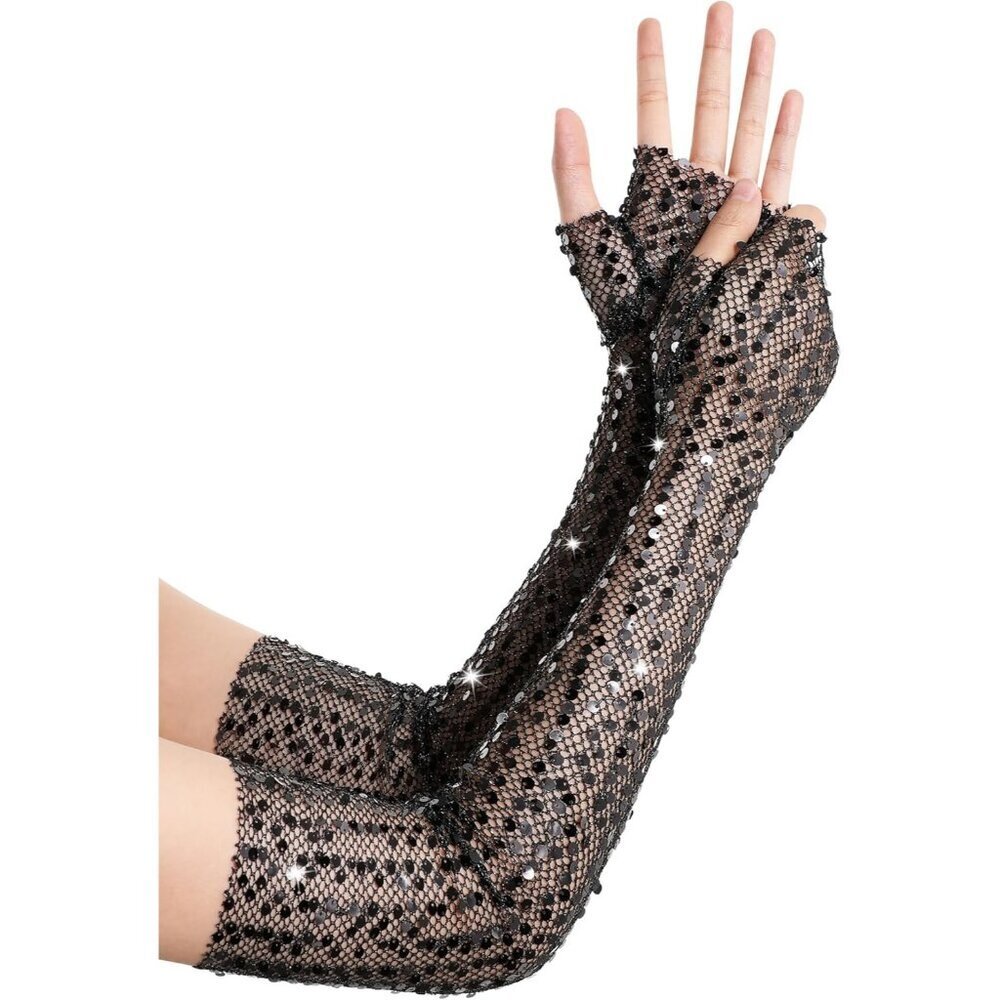 Women's Black Long Fingerless Sequin Sparkling Glitter Gloves Tea Party
